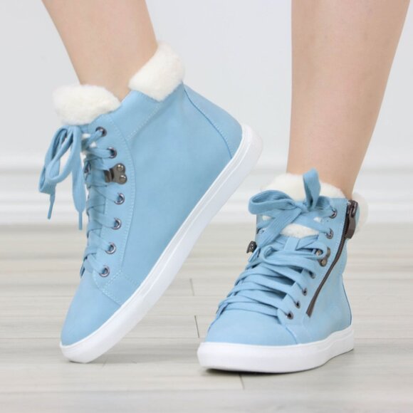 High Tops Womens Fashion Sneakers Shoes Fuzzy Ankle Light Blue - Picture 12 of 13